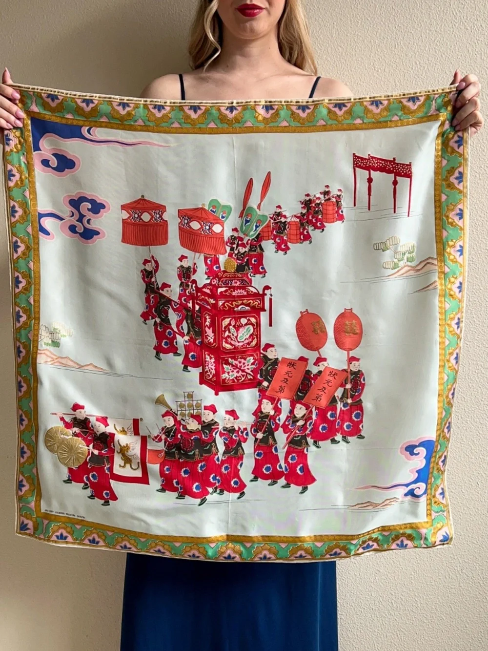Vintage 1950s Ancient Chinese Wedding Parade Silk Scarf